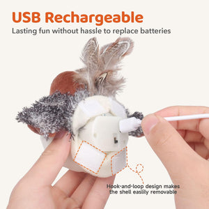 flapping bird toy for cats—USB charging cable shown