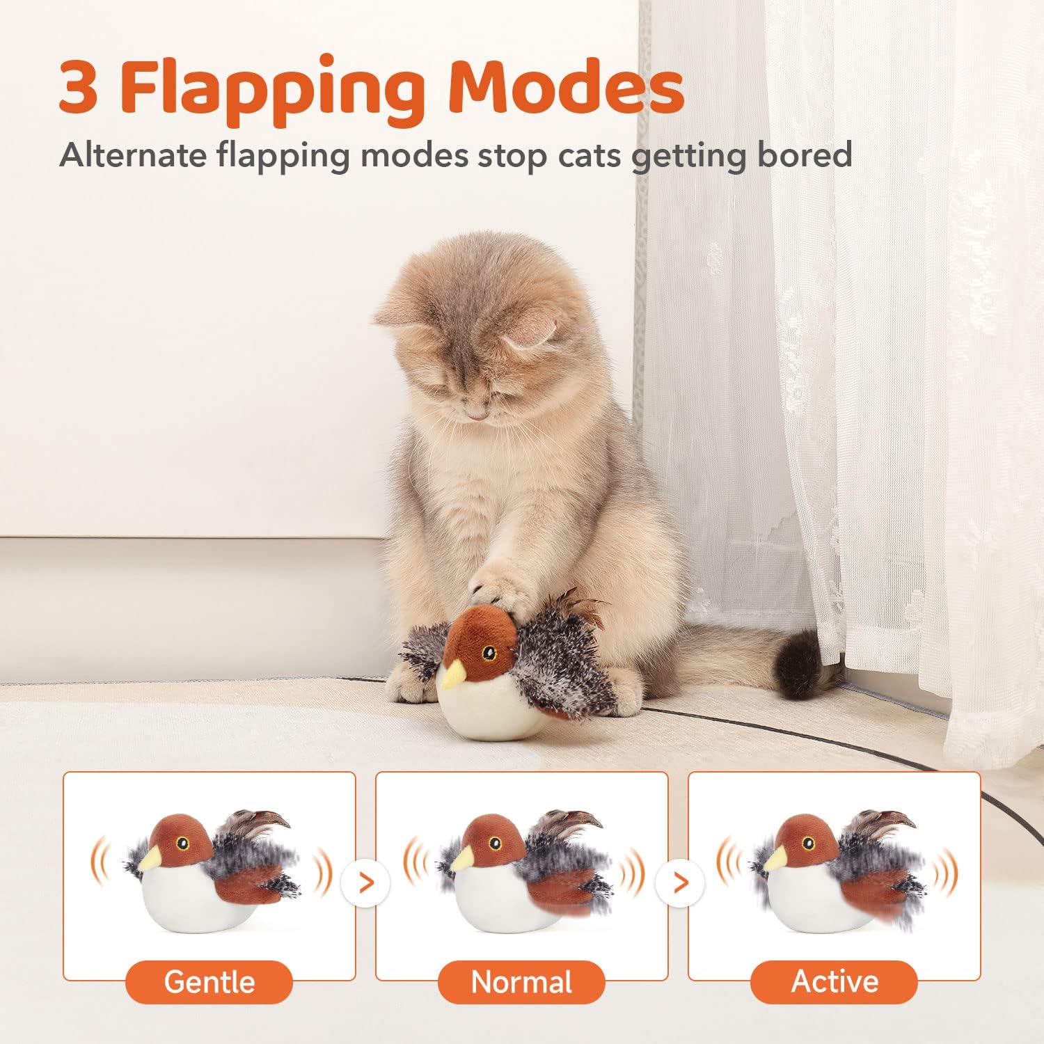 Motion-activated sandpiper cat toy—close-up of plush body and wings